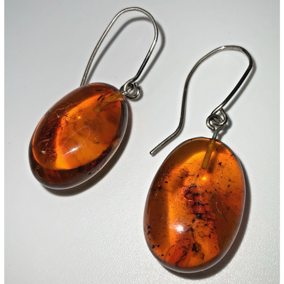 Vintage Amber Sterling Silver Earrings Oval Natural Inclusions Modernist 1.5" - Picture 1 of 12